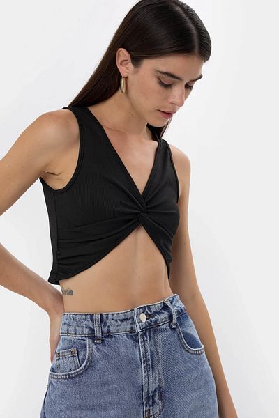 Hiccup Crop top cu nervuri în față, de culoare uni