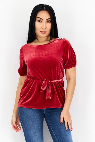 Charter Club Women Round Neck Short Sleeve Plain Belted Top, Red