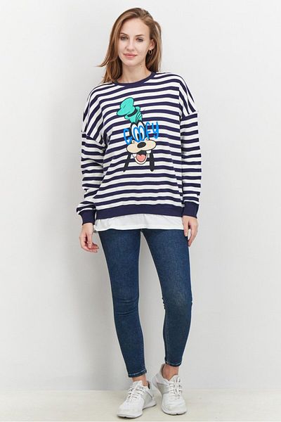 Don't Call Me Jennyfer Women Crew Neck Long Sleeves Stripe Graphic Sweatshirt, White and Navy