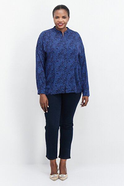 Esprit Women Band Collar Long Sleeve Allover Print Top, Blue