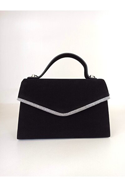 dizaynbag Kadın siyah süet taş aksesuarlı abiye çanta