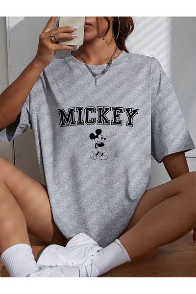 Cosmo Style Mickey Patterned Wide Fit Unisex T-Shirt Series - Large Size Oversize Curve