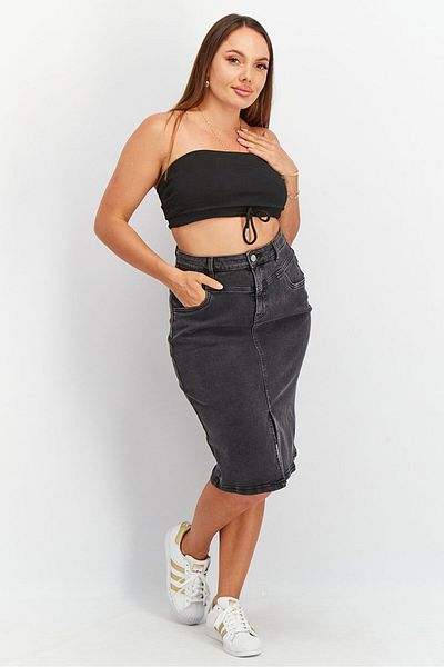 Tchibo Women Washed Front Slit Denim Midi Skirt, Black