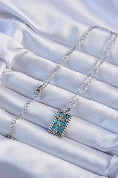 Mu Art Ahşap 316L Steel Chain Silver Color Zircon Stone Blue Marble Patterned Crown Model Tarot Necklace