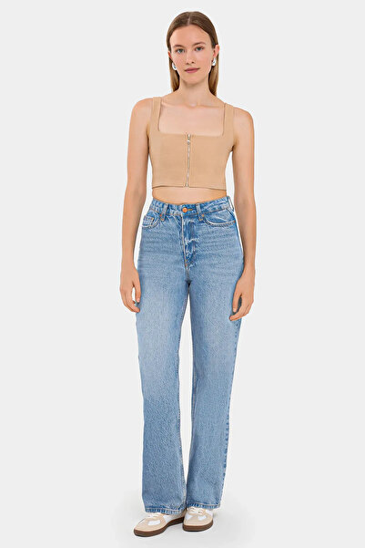 Hiccup Kare Yaka Kolsuz Fermuar Detaylı Crop Top