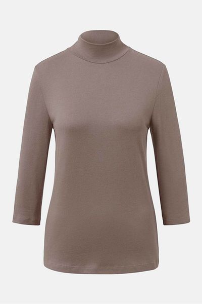 Tchibo Women Mock Neck 3/4 Sleeves Knitted Print T-Shirt, Grey