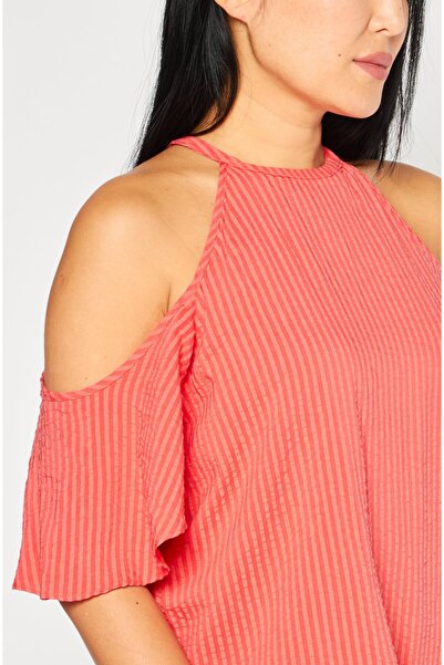 Michael Kors Women Round Neck Cold Shoulder Striped Top, Red