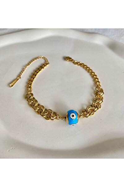 DEMOKAN Kadın Çelik Bileklik Çift Halka Zincir Mavi Nazar Boncuk Bileklik