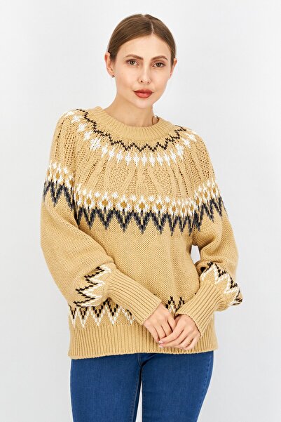 Esprit سترة نسائية محبوكة بأكمام طويلة ورقبة دائرية، لون بيج