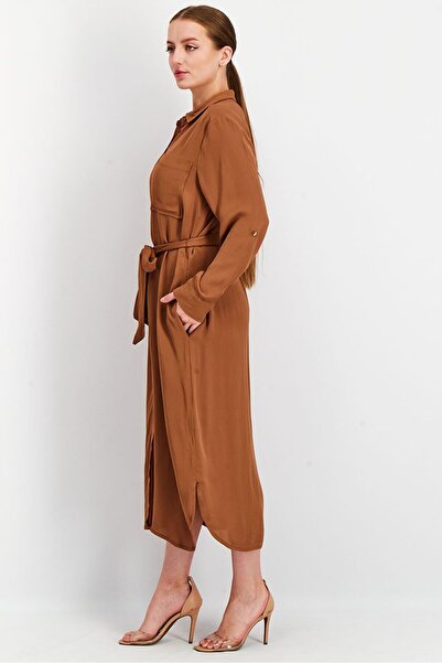 Tchibo Women Solid Long Sleeve Midi Dress, Brown