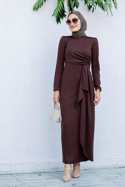Tesettür Çarşım Lily Drape Pleat Dress for Special Occasions - Brown