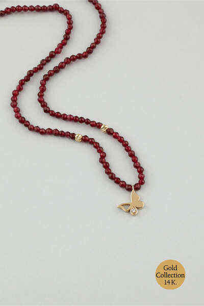 So CHIC... Kelebek Figürlü Lal Taşlı 14 Ayar Altın Kolye