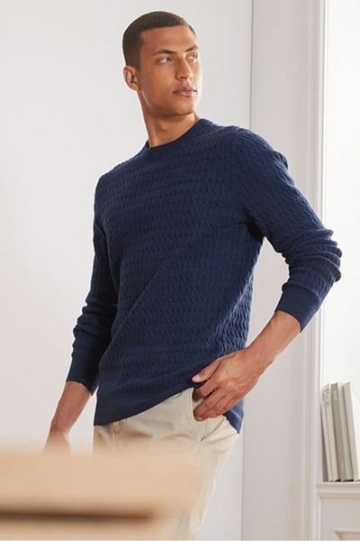 Tchibo Men Crew Neck Cable Stitch Sweatshirt, Navy
