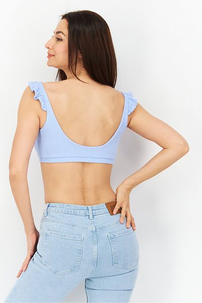 Bar III Women V-neck Ruffle Sleeves Solid Crop Top, Blue