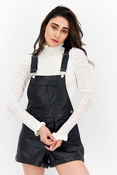 Weworewhat بدلة لعب جلدية سادة بدون أكمام للنساء، أسود