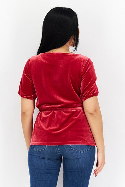 Charter Club Women Round Neck Short Sleeve Plain Belted Top, Red