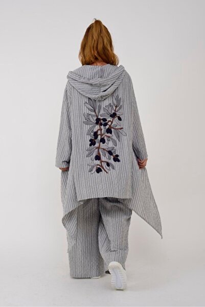 Bohem Stil Σετ λινό ριγέ με τυπωμένο κλαδί ελιάς στην πλάτη