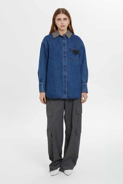 GİZİA Kontrast Yaka Detaylı Kot Gömlek