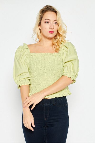Levi's Women Ruffle Neck Short Sleeve Plain Top, Light Green