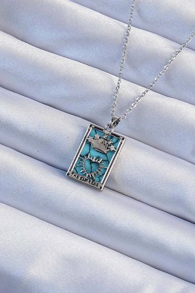 Mu Art Ahşap 316L Steel Chain Silver Color Zircon Stone Blue Marble Patterned Crown Model Tarot Necklace