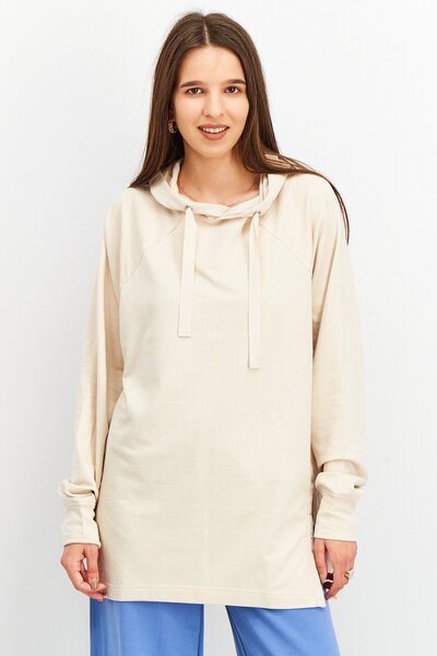 Tchibo Women Hooded Long Sleeve Plain Pajama Top, Beige
