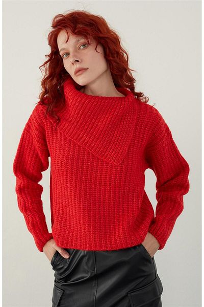 SHERIN Red Asymmetric Wide Collar Knitwear Sweater