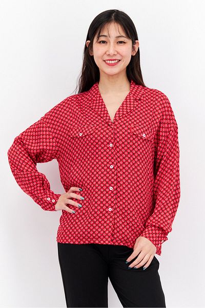 Etam Women Notched Collar All Over Print Pajama Top, Red Combo