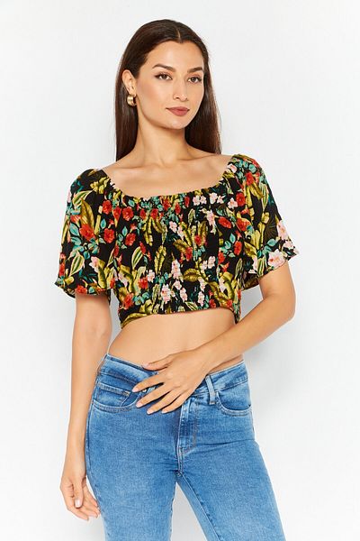 Jessica Simpson Women Sqaure Neck Short Sleeves Floral Print Blouse, Black Combo