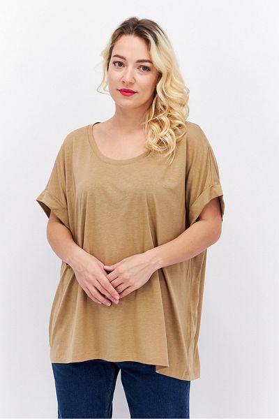 Tchibo Women Scoop Neck Short Sleeve Solid T Shirt, Brown