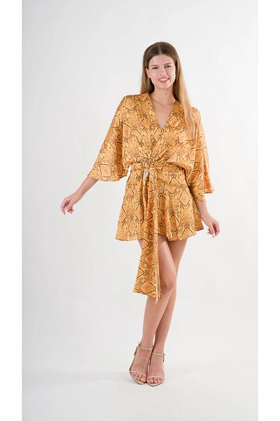 hazelin Mustard Patterned Satin Mini Dress - V-Neck and Belted Ring Detail Hzl24S-Yy230