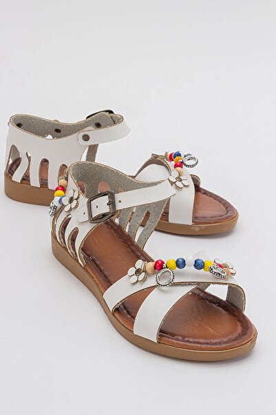 Ccway Boncuklu Kadın Sandalet BEYAZ CİLT