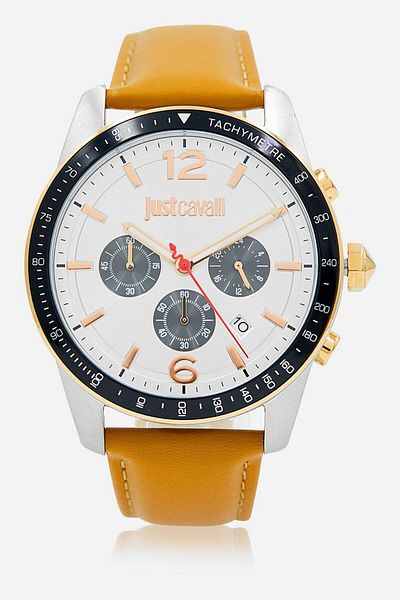 Just Cavalli Men JC1G204L0035 Synthetic Leather Strap Watches, Brown and Silver