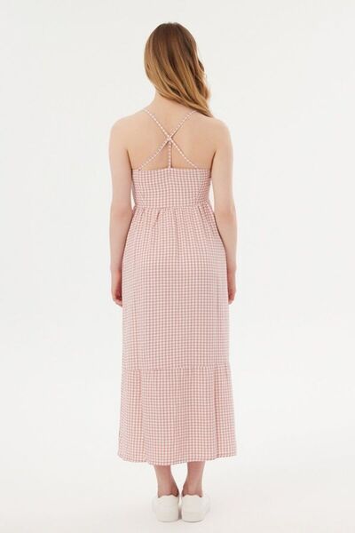 Hiccup Strappy Square Collar Pearls Checkered Dress