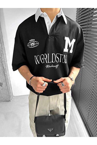 ablukaonline Tricou cu gât polo supradimensionat brodat pentru bărbați - elas...