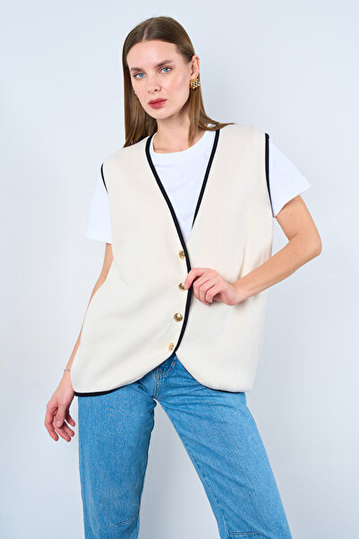 Lupies Kadın Krem Biyeli 4 Düğmeli Triko Yelek