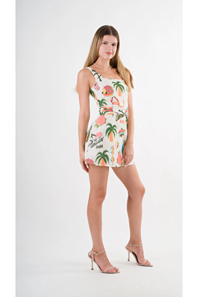 hazelin Μίνι γυναικείο φόρεμα σε κρεμ χρώμα με λουράκι και ζωσμένο τροπικό στάμπα HZL24S-YY297