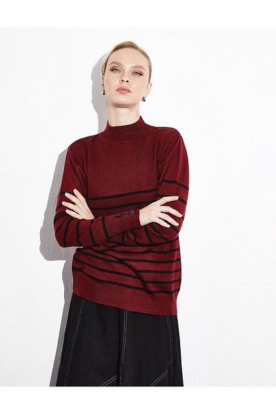 Kayra Pulover tricotat cu gât roșu negru cu dungi