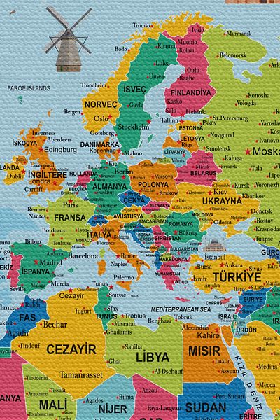 GLOBELUX Wall Cover Detailed Turkish Current World Map Canvas Wall Tapestry-4050