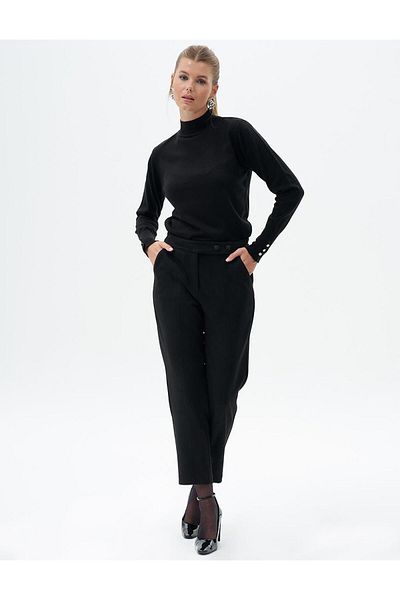 Kayra Black Suede Pants - Button Detailed