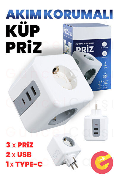 GüncelÇarşı Termal Akım ve Çocuk Korumalı 3 lü Duvar Küp Priz 2xUSB, 1xTYPE-C Isıya Dayanıklı Topraklı Üçlü Priz