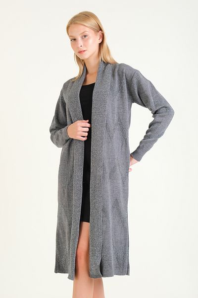 Giyim Dünyası Anthracite Colored Women's Oversize Long Cardigan - Glitter Detailed