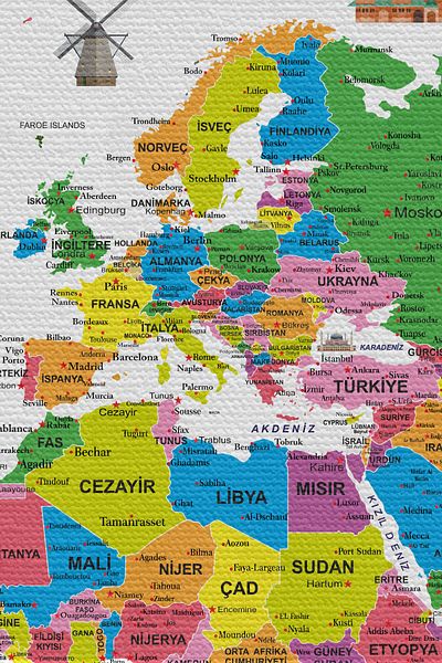GLOBELUX Wall Cover Flag Detailed Turkish Current World Map Canvas Wall Tapestry-4052