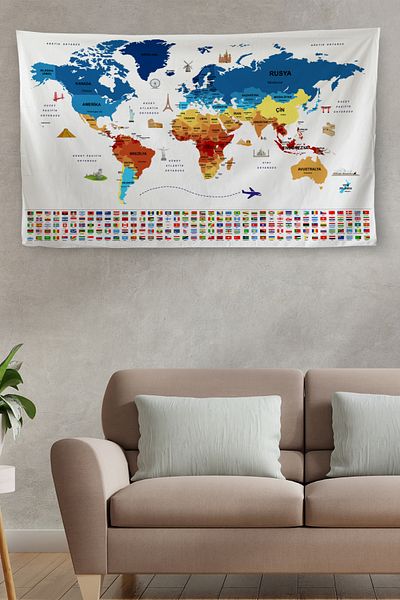 GLOBELUX Wall Cover Flag Detailed Turkish Current World Map Canvas Wall Tapestry-4047