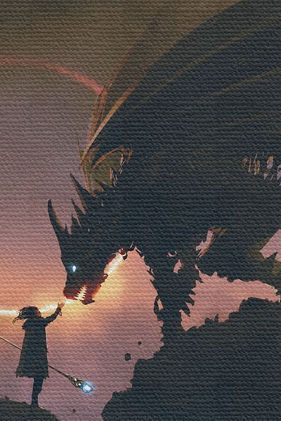 Lasirius Tapiserie de perete Fată care își întinde mâna către Dragon Tapiserie de perete din pânză de calitate