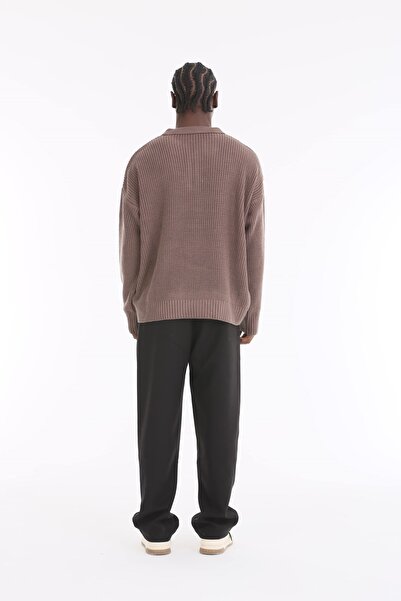 The Champ Clothing Φερμουάρ Πολό Γιλέκο Πλεκτή Τρίχα Ριγέ Γκρίζα Oversize Ανδρικό Πουλόβερ