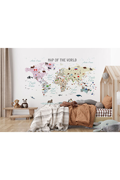 Depozee Dünya Haritası Çocuk Ve Bebek Odası Hayvanlar Alemi Duvar Kağıdı-3813