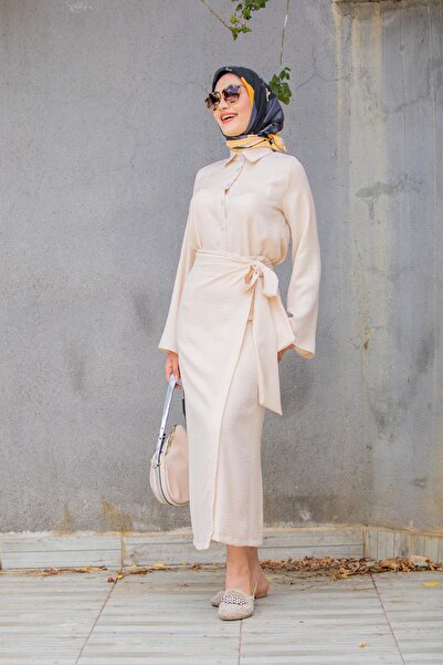 Tesettür Çarşım Beige Linen Set - Wrap Skirt