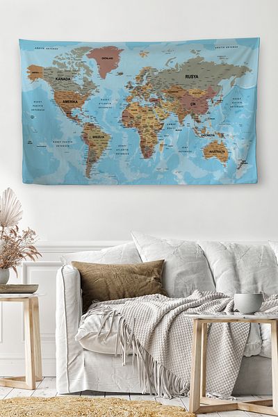 GLOBELUX Wall Cover / Carpet Detailed Current Turkish World Map Quality Canvas Fabric-3972