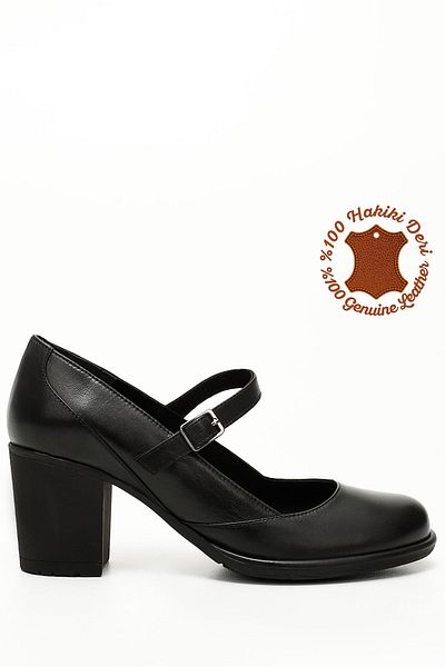 GÖNDERİ(R) Schwarze Damenschuhe aus echtem Leder mit stumpfer Zehenpartie und mittelhohem Absatz