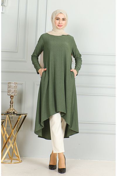 sefamerve Asymmetrisch geschnittene, gewickelte Tunika – Khaki 1032-05